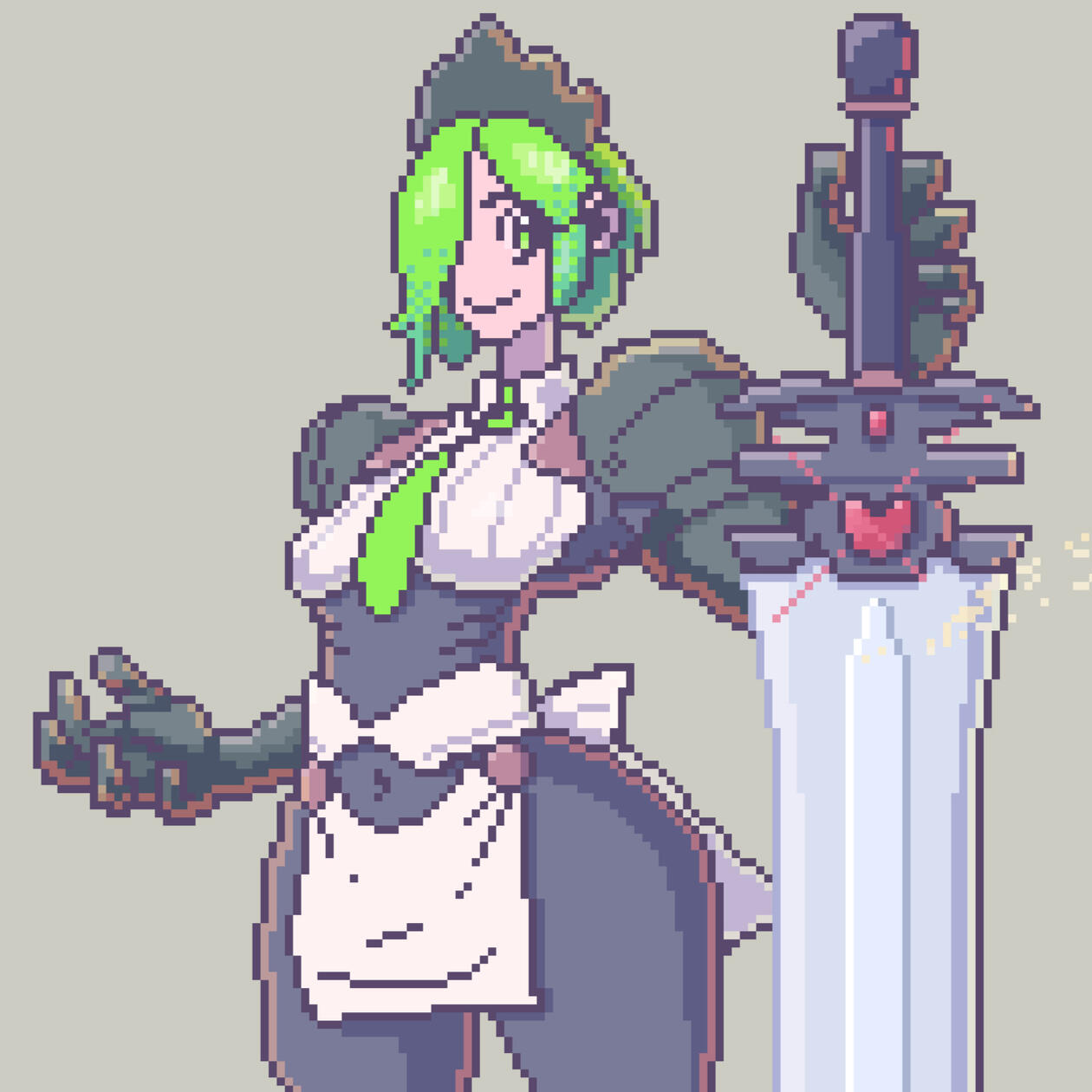 Image of a beautiful, armored woman, carrying a large sword and wearing a maid's outfit.